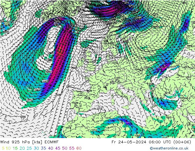 Vento 925 hPa ECMWF ven 24.05.2024 06 UTC