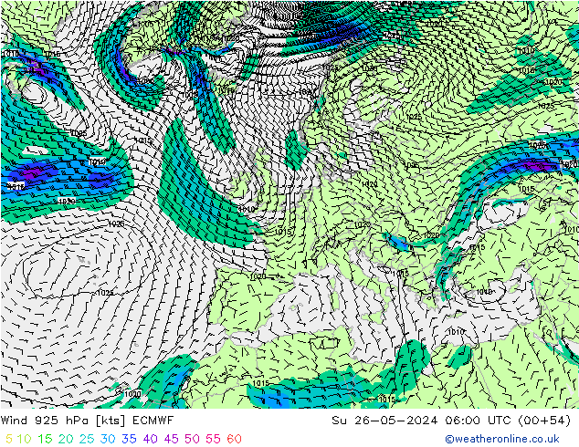 Wind 925 hPa ECMWF Su 26.05.2024 06 UTC