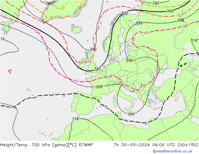 Height/Temp. 700 hPa ECMWF Do 30.05.2024 06 UTC