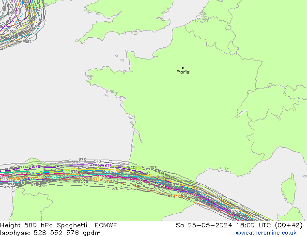 Height 500 hPa Spaghetti ECMWF Sáb 25.05.2024 18 UTC