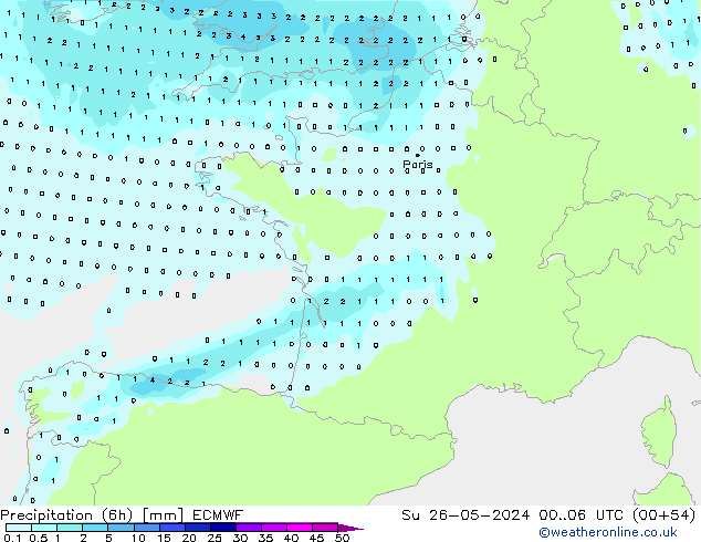 осадки (6h) ECMWF Вс 26.05.2024 06 UTC