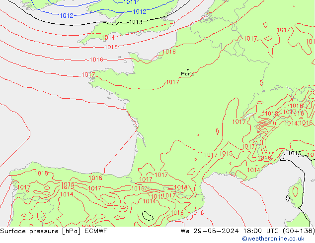 pressão do solo ECMWF Qua 29.05.2024 18 UTC