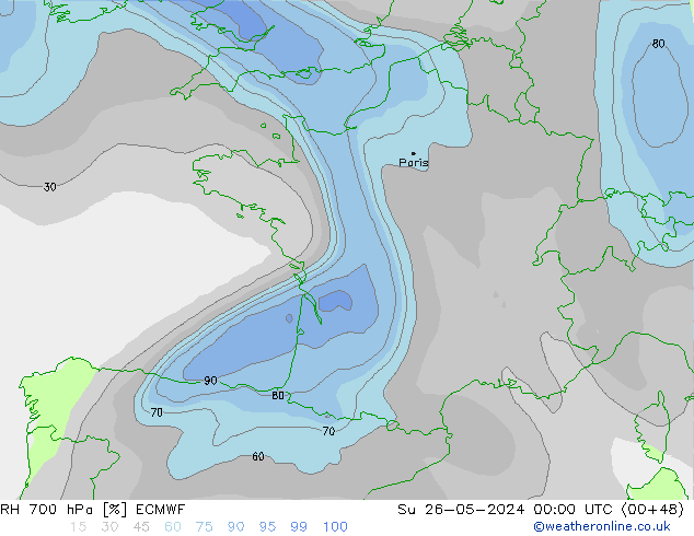 Humedad rel. 700hPa ECMWF dom 26.05.2024 00 UTC