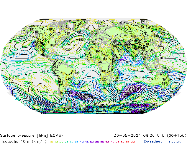 Isotachs (kph) ECMWF Qui 30.05.2024 06 UTC