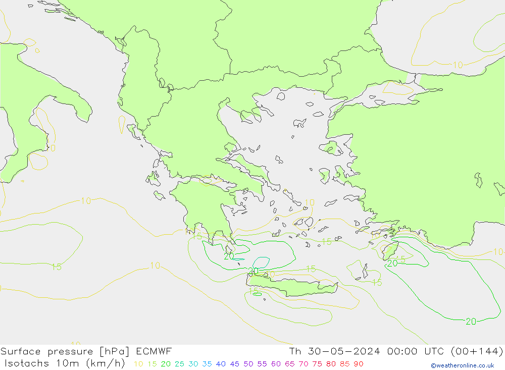 Isotachs (kph) ECMWF Th 30.05.2024 00 UTC