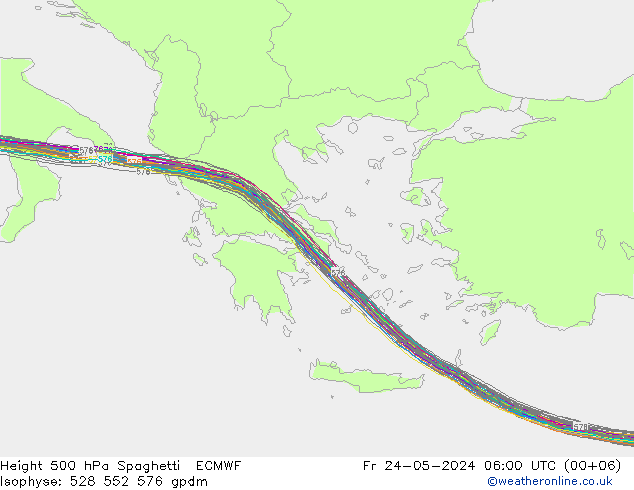 Height 500 hPa Spaghetti ECMWF Pá 24.05.2024 06 UTC