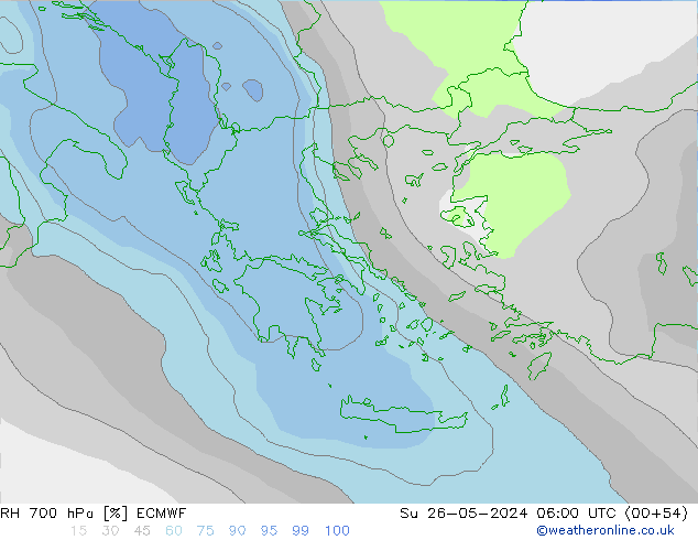 Humidité rel. 700 hPa ECMWF dim 26.05.2024 06 UTC