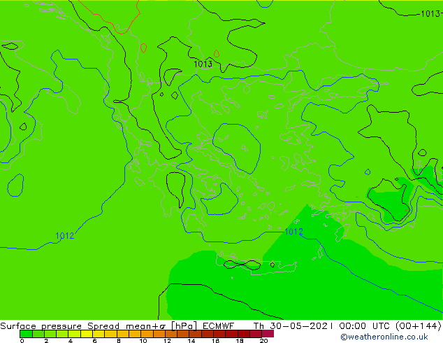 Presión superficial Spread ECMWF jue 30.05.2024 00 UTC