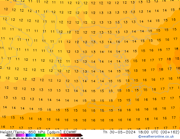 Geop./Temp. 850 hPa ECMWF jue 30.05.2024 18 UTC