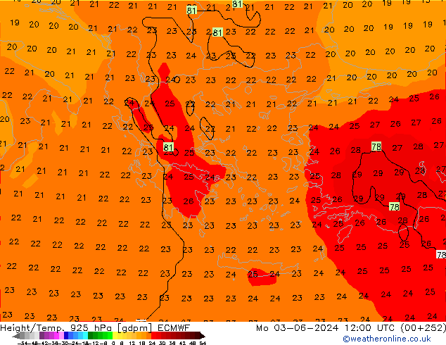 Height/Temp. 925 hPa ECMWF Mo 03.06.2024 12 UTC