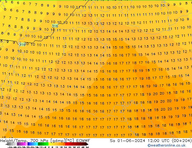 Yükseklik/Sıc. 700 hPa ECMWF Cts 01.06.2024 12 UTC