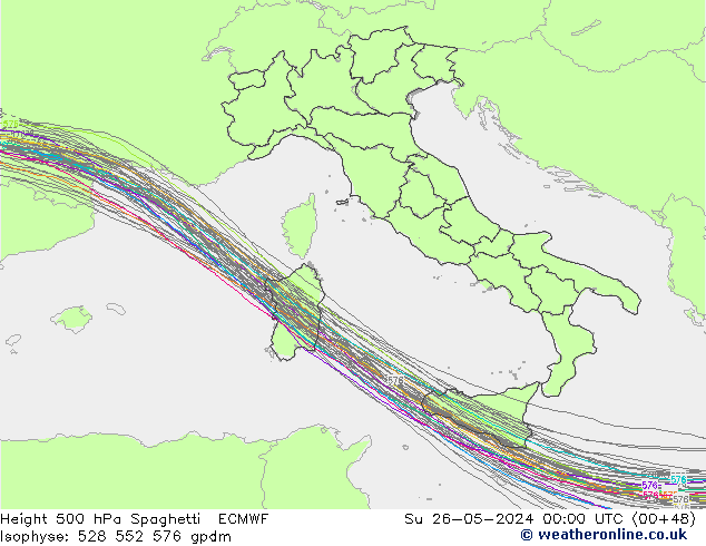 Height 500 hPa Spaghetti ECMWF Su 26.05.2024 00 UTC