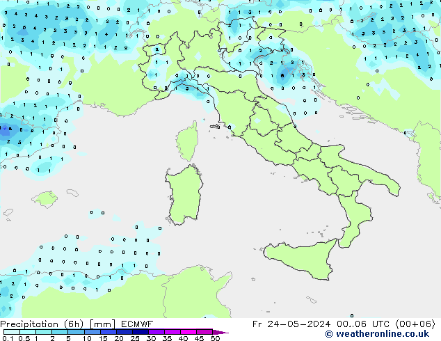 Totale neerslag (6h) ECMWF vr 24.05.2024 06 UTC