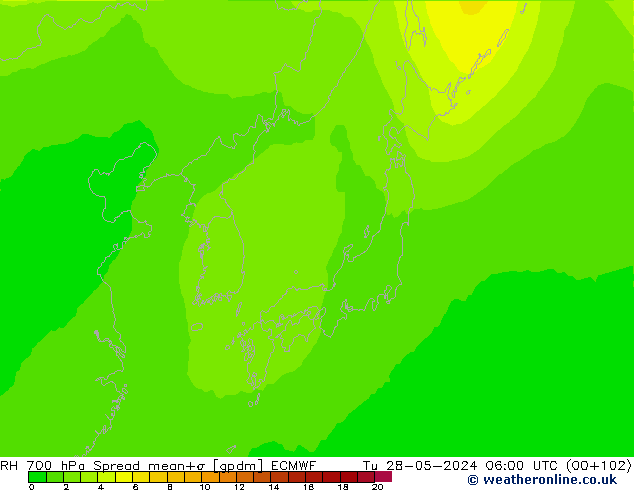 700 hPa Nispi Nem Spread ECMWF Sa 28.05.2024 06 UTC