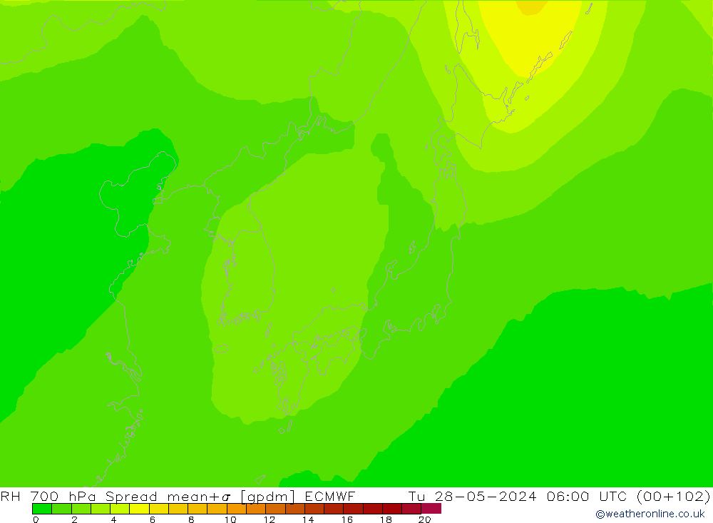 RH 700 hPa Spread ECMWF mar 28.05.2024 06 UTC