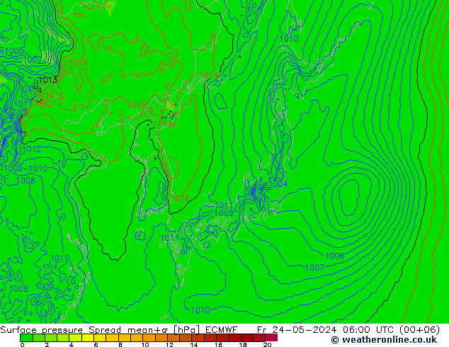 Surface pressure Spread ECMWF Fr 24.05.2024 06 UTC