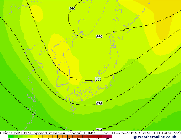 Height 500 hPa Spread ECMWF Sa 01.06.2024 00 UTC