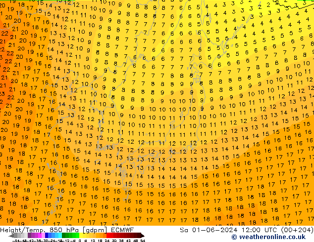 Height/Temp. 850 hPa ECMWF Sa 01.06.2024 12 UTC