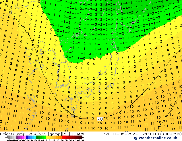 Height/Temp. 700 hPa ECMWF so. 01.06.2024 12 UTC