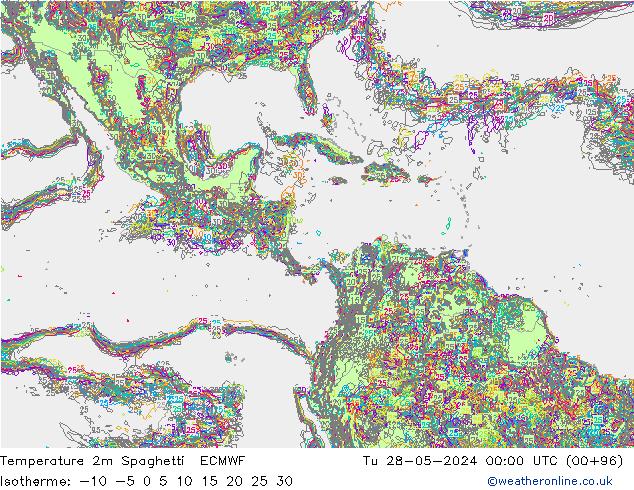 Temperature 2m Spaghetti ECMWF Tu 28.05.2024 00 UTC