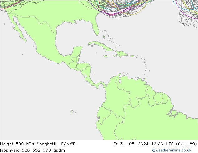 Height 500 hPa Spaghetti ECMWF Fr 31.05.2024 12 UTC