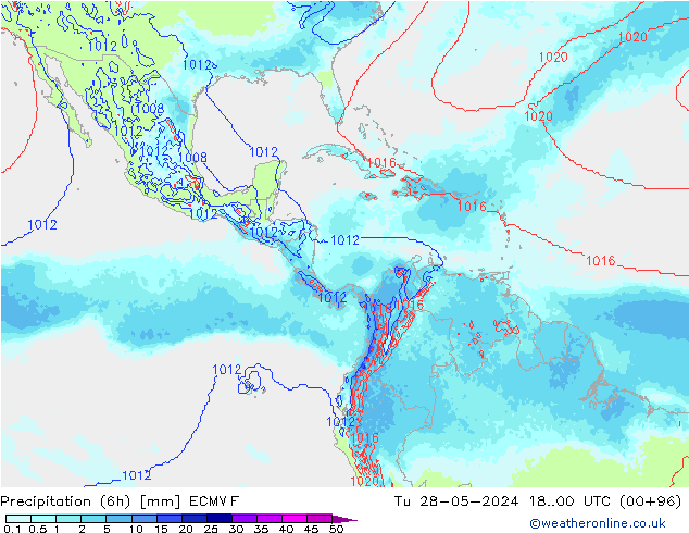 Totale neerslag (6h) ECMWF di 28.05.2024 00 UTC