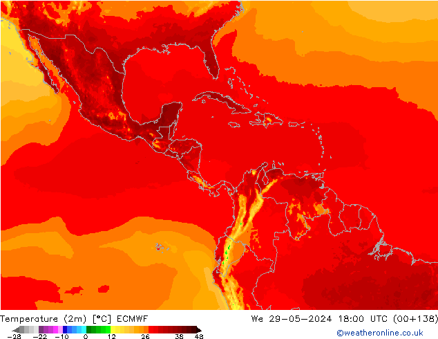 Temperatuurkaart (2m) ECMWF wo 29.05.2024 18 UTC