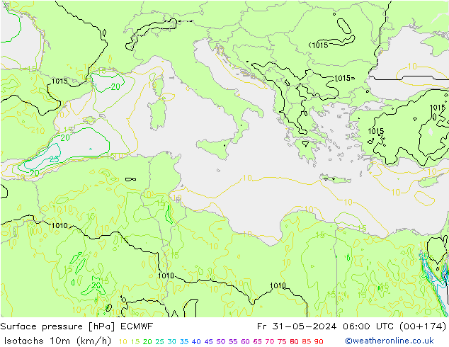 Isotachs (kph) ECMWF Fr 31.05.2024 06 UTC