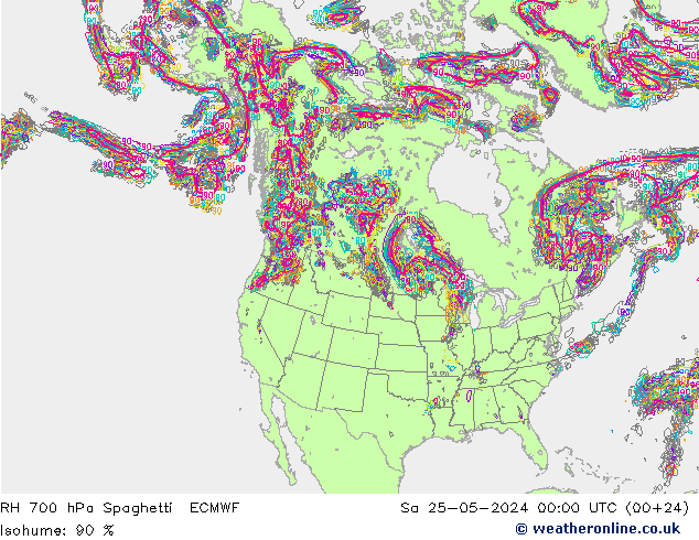 RH 700 hPa Spaghetti ECMWF Sa 25.05.2024 00 UTC