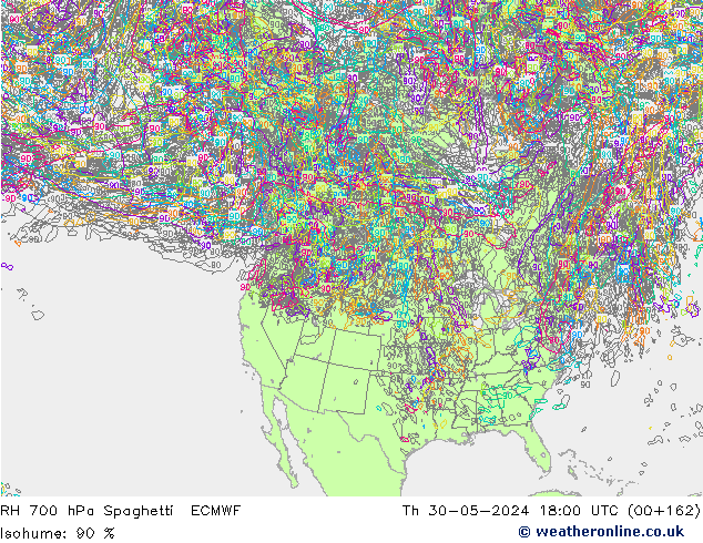 RH 700 hPa Spaghetti ECMWF gio 30.05.2024 18 UTC