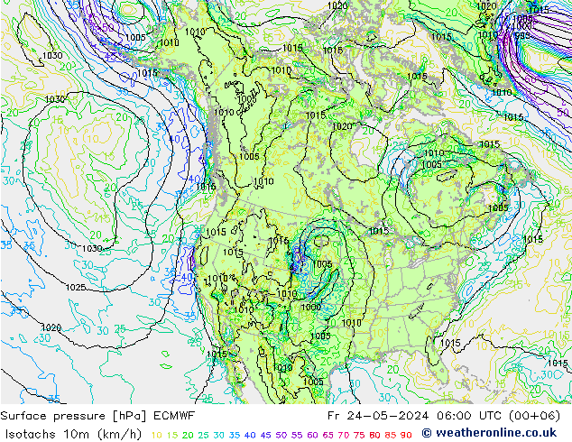 Eşrüzgar Hızları (km/sa) ECMWF Cu 24.05.2024 06 UTC