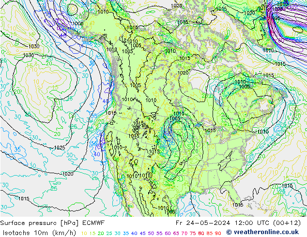 Izotacha (km/godz) ECMWF pt. 24.05.2024 12 UTC