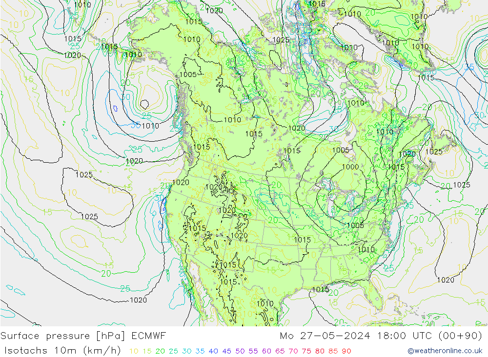 Isotachs (kph) ECMWF lun 27.05.2024 18 UTC