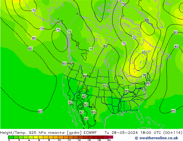 Height/Temp. 925 hPa ECMWF Út 28.05.2024 18 UTC