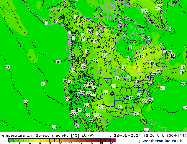 Temperature 2m Spread ECMWF Út 28.05.2024 18 UTC