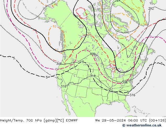 Height/Temp. 700 hPa ECMWF Mi 29.05.2024 06 UTC