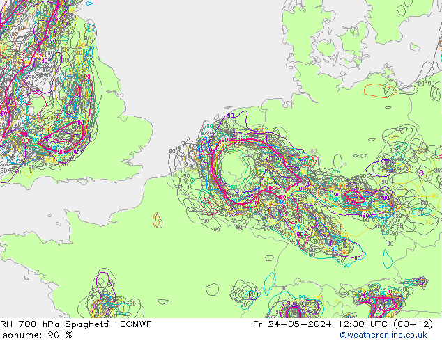 RH 700 hPa Spaghetti ECMWF Fr 24.05.2024 12 UTC