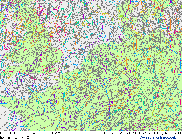 RH 700 hPa Spaghetti ECMWF Fr 31.05.2024 06 UTC