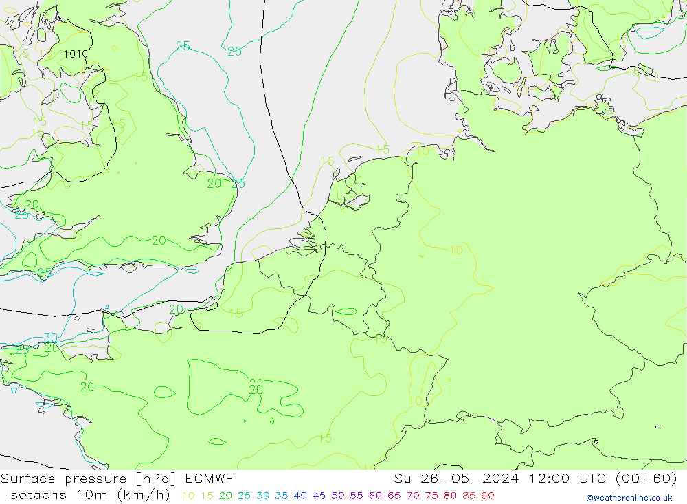 Isotachs (kph) ECMWF Su 26.05.2024 12 UTC