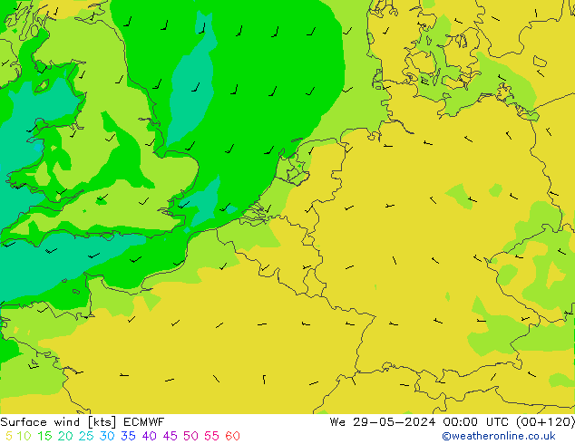 wiatr 10 m ECMWF śro. 29.05.2024 00 UTC