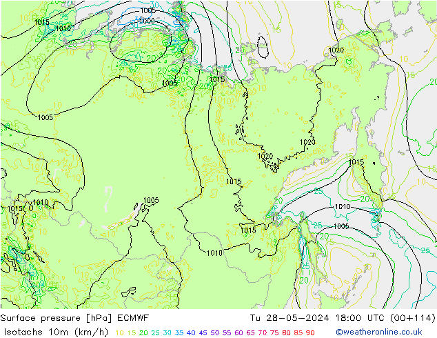 Isotachs (kph) ECMWF вт 28.05.2024 18 UTC