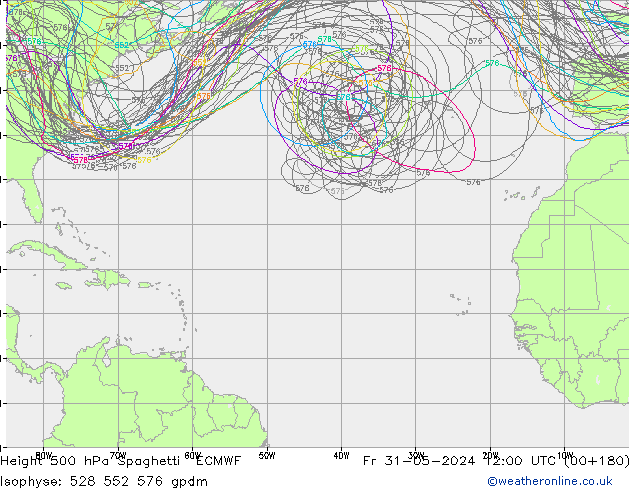 Height 500 hPa Spaghetti ECMWF Fr 31.05.2024 12 UTC