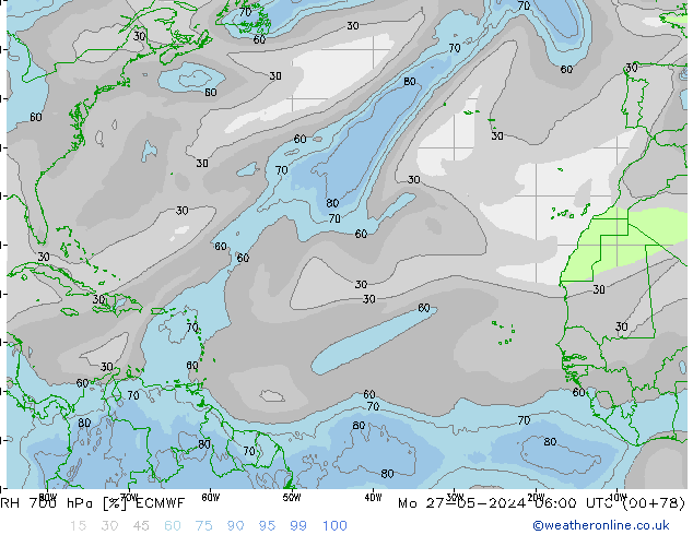 Humidité rel. 700 hPa ECMWF lun 27.05.2024 06 UTC