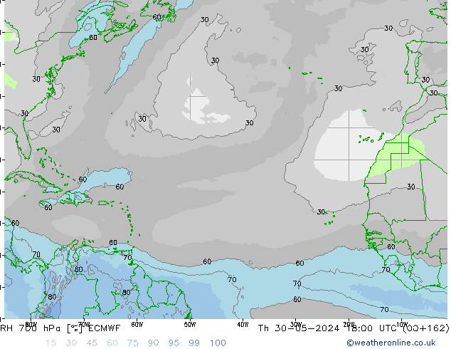 RH 700 hPa ECMWF Th 30.05.2024 18 UTC