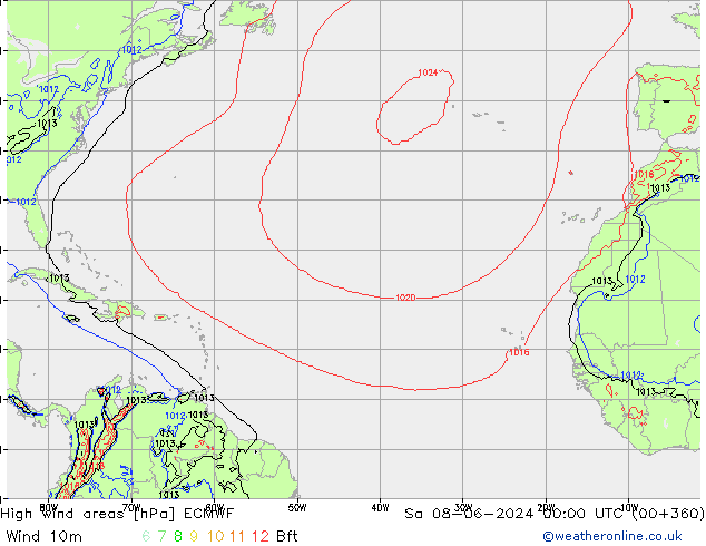 High wind areas ECMWF сб 08.06.2024 00 UTC