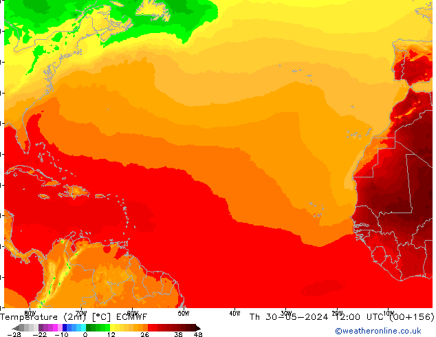 Temperatuurkaart (2m) ECMWF do 30.05.2024 12 UTC