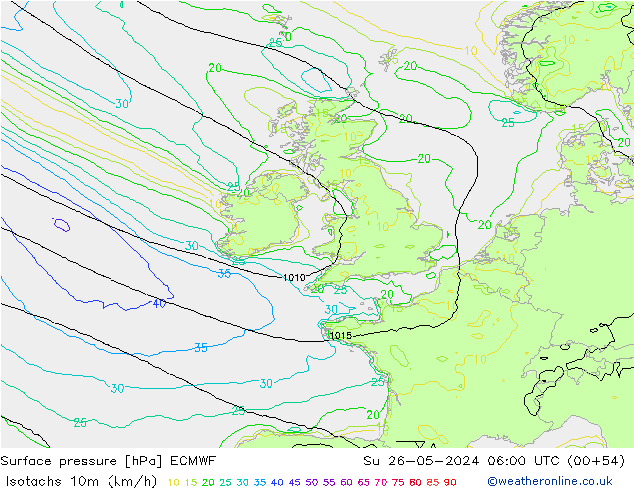 Isotachs (kph) ECMWF Вс 26.05.2024 06 UTC