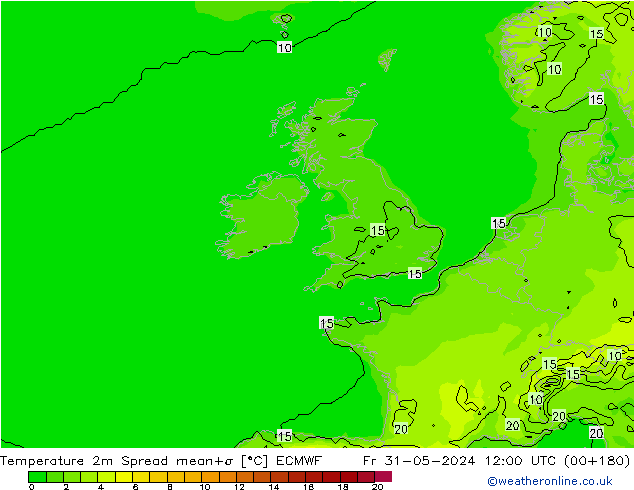 Temperature 2m Spread ECMWF Fr 31.05.2024 12 UTC