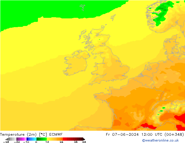 mapa temperatury (2m) ECMWF pt. 07.06.2024 12 UTC