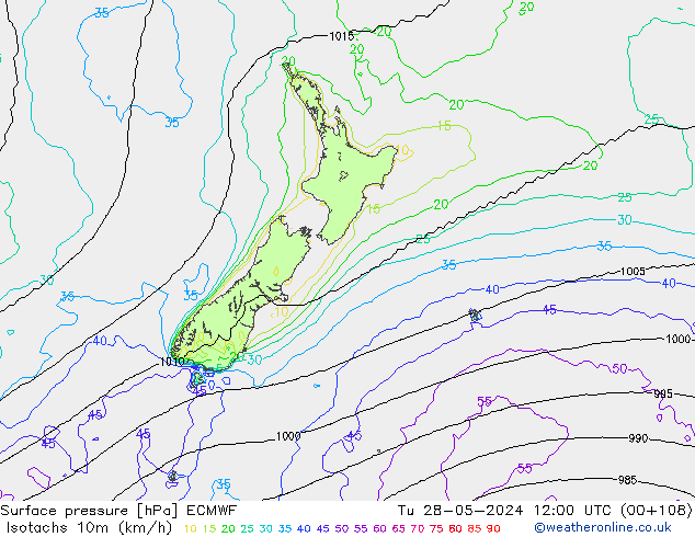 Isotachs (kph) ECMWF Tu 28.05.2024 12 UTC